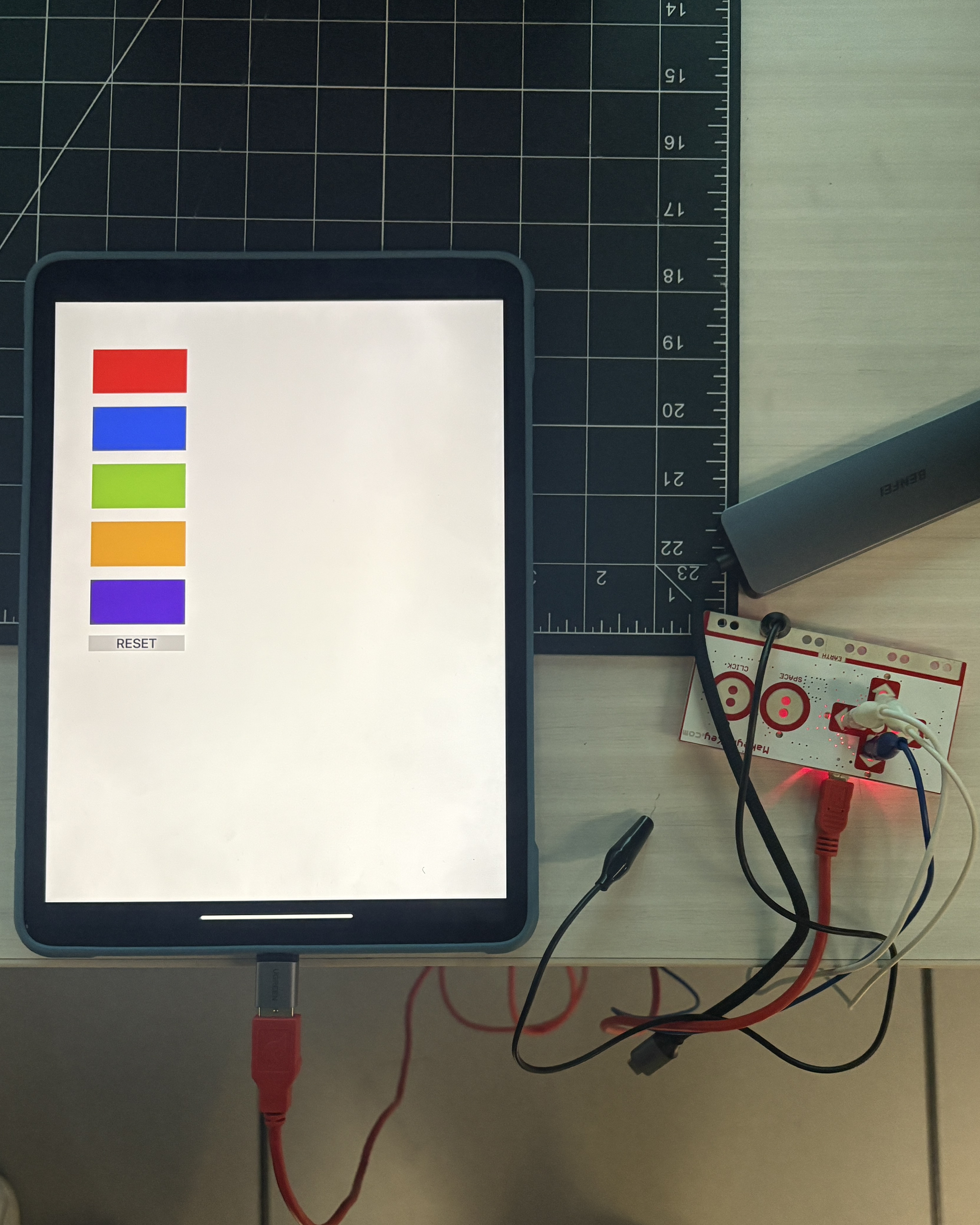 Testing another activity that was made on Protopie where when two circuits, that then connected to one another, it will send a response that will appear on the screen, which in this case indicates a certain color will go off depending on what circuits are being connected to each other.