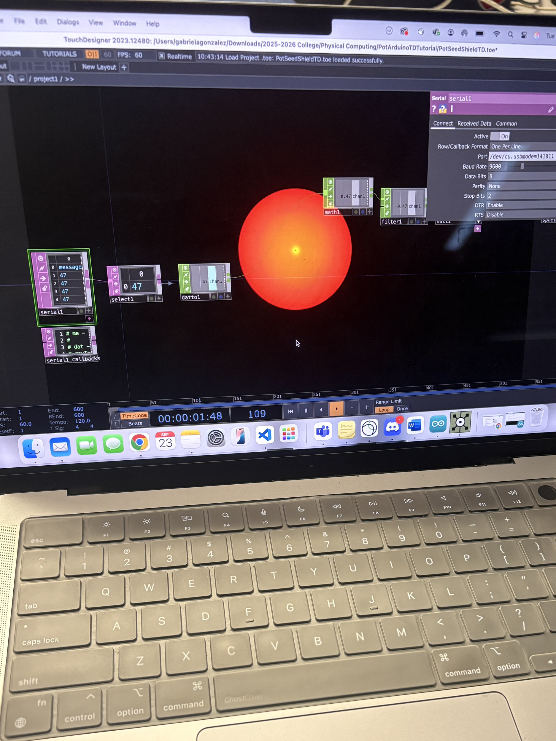 When we first open up the code that was given to us and put it into our Arduino, which is calculating the degrees and temperature around us, this is what appears on the TouchDesign website when we first open it. It doesn't seem much at first, but it is quite interesting, which you can see in the next photo.
