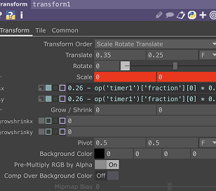 I asked AI how to connect the Timer CHOP to the Transform TOP. It suggested using code in the scale parameters, but the code caused errors and didn’t work as expected.